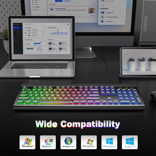 Atelus Large Print Backlit Keyboard, USB Wired Computer Keyboard, Full Size Keyboard with Rainbow Illuminated LED Compatible for Windows Desktop, Laptop, PC, Gaming, Black - color: Black-Rainbow Light