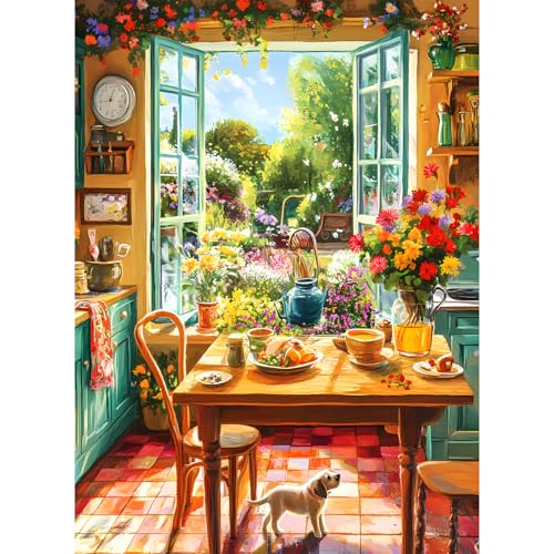 500 Piece Puzzle for Adults, Cozy Kitchen and Garden View Jigsaw Puzzle, Colorful Puzzles with Flowers, Sunshine and Dog, Relaxing Gifts for Adults, Seniors, Finished Size 20.5”x 15” - style: Dog