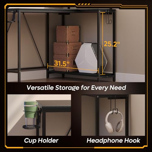 Pinmoco 42" Reversible L-Shaped Desk, Gaming Desk with LED Lights, Monitor Stand, Cup Holder and Headset Hook, Corner Work Station for Home Office, Study and Small Spaces, Carbon Fiber Black | corner desk fits small spaces, monitor stand, cup holder, head