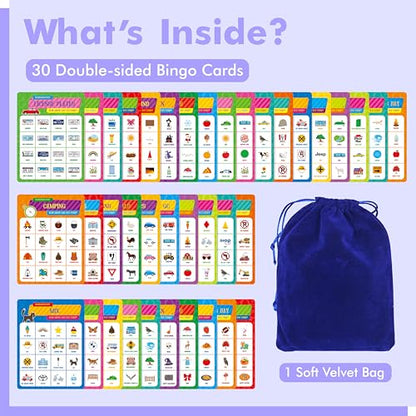 Road Trip Bingo Game, 30 Double-Sided Game Boards (Animal, Holiday, Building, Vehicle Themes ), Dry-Erase Scavenger Hunt Bingo Games for Road Trip, Car Travel, Outdoor Activities for Kid, Adult