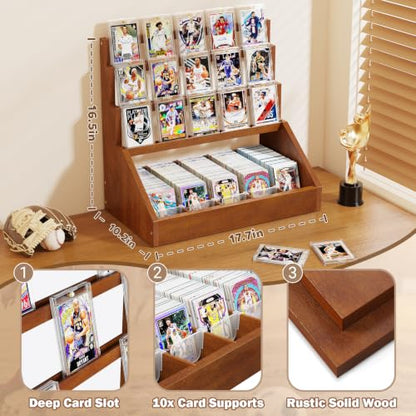 Emfogo Trading Card Display, 3-Tier Card Display Stand with 5-Row Storage, Wooden Graded Card Display, Large Capacity Sports Cards Display Case for Cards Game Collection (Walnut) - color: Walnut