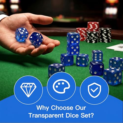 12 Piece 19 mm Casino Style Dice Set, Acrylic Translucent D6 Dice with Square Rounded Edge, Blue for Craps, Table Games, Board Games, RPG, MTG, DND(Blue) - color: Blue