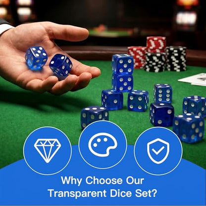 12 Piece 19 mm Casino Style Dice Set, Acrylic Translucent D6 Dice with Square Rounded Edge, Blue for Craps, Table Games, Board Games, RPG, MTG, DND(Blue) - color: Blue