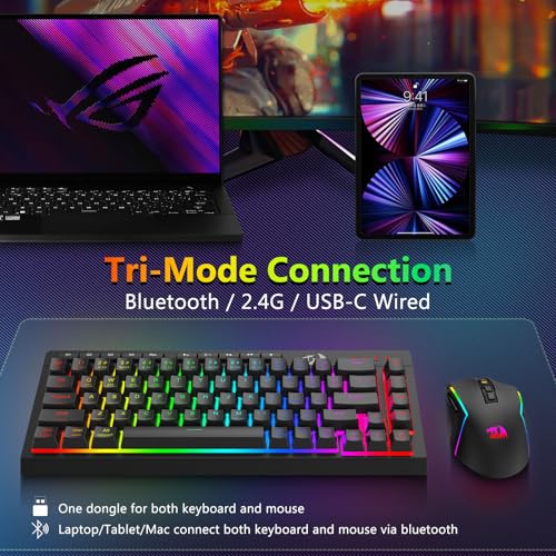 Redragon Wireless Gaming Keyboard and Mouse Combo, 60% Portable, Black | Bluetooth/2.4G/USB-C Wired, RGB Backlit, Quiet Rechargeable Macro Membrane Keyboard & 12800 DPI Mouse for Win/MAC - color: Black Combo