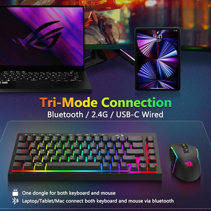 Redragon Wireless Gaming Keyboard and Mouse Combo, 60% Portable, Black | Bluetooth/2.4G/USB-C Wired, RGB Backlit, Quiet Rechargeable Macro Membrane Keyboard & 12800 DPI Mouse for Win/MAC - color: Black Combo