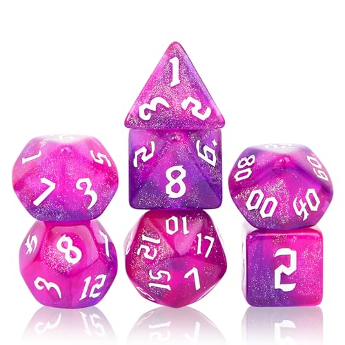 7Pcs Polyhedral Dice Set with Black Storage Bag (Rose Red&Purple+Nebula | Classic dice set for RPG Polyhedral Dice for Dungeon and Dragons Playing Games 7-Die Set - color: Rose Red&purple+nebula Dice
