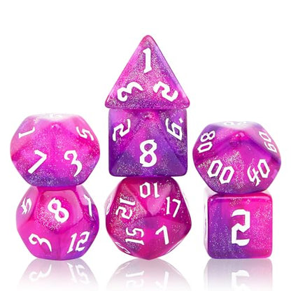 7Pcs Polyhedral Dice Set with Black Storage Bag (Rose Red&Purple+Nebula | Classic dice set for RPG Polyhedral Dice for Dungeon and Dragons Playing Games 7-Die Set - color: Rose Red&purple+nebula Dice