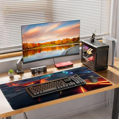 Large Gaming Mouse Pad, Abstract Geometric Orange and Blue Pattern, Extended 35.4 x 15.7 Inches, Non-Slip Rubber Base, Stitched Edges, XXL Desk Mat - color: With Abstract Geometric Design