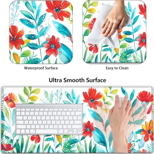Large Gaming Mouse Pad+ Keyboard Wrist Rest Set, Ergonomics Memory Foam Mouse Mat Wrist Rest Support for Home Office, Waterproof Extended Mousepad 31.5x11.8in, Red Flowers White Desk Pad - color: Yvb-mousepad-9-f-156
