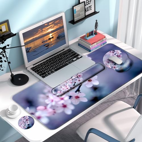 Desk Mat Set Keyboard and Mouse Pad with Wrist Rest Support | Ergonomic,Pain Relief, 4-in-1 Large Big Mousepad Computer Mats,Desk Pad Matt Mats for Desktop Home & Office - color: L1-Cherry Blossom