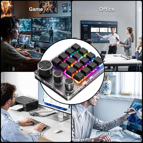 Programmable Macro Keyboard, 16 Keys 3 Knob Mini Mechanical Gaming Keypad Multifunctional Macropad with USB Wired Bluetooth Mode Volume Controller (Black) - color: Black