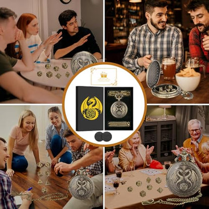 Mini DND Dice Set with Steampunk Double Dragon Pocket Watch Case, Tiny 7-Piece Polyhedral Metal D&D Dice, DND Gifts with Gift Box, Role Playing Game Board Game Accessories Dice, Bronze - color: Bronze