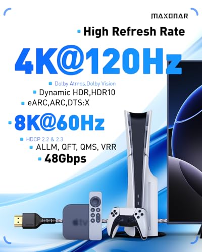 Maxonar PS5 8K HDMI Cables10FT [Certified] Ultra High Speed HDMI® Cable, 8K60Hz 4K120Hz 144Hz, 48Gbps HDCP 2.2&2.3 eARC Dynamic HDR Dolby for PlayStation 5, Xbox Series X, Apple TV 4K, Roku TV - color: Grey, size: 10 ft