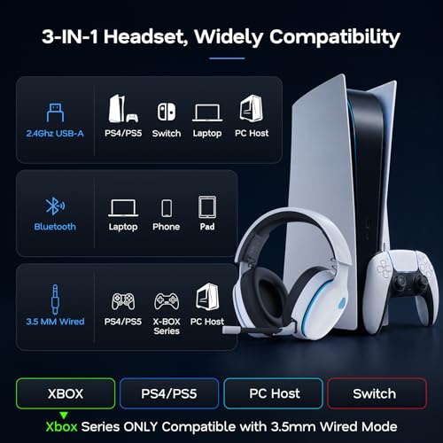 AOC 2.4GHz Wireless Gaming Headset for PS5, PS4 Fortnite & Call of Duty/FPS Gamers, PC, Switch, Bluetooth 6.0 Gaming Headphones with Noise Canceling Mic, 7.1 Virtual Surround, 45Hr Battery -White - color: White