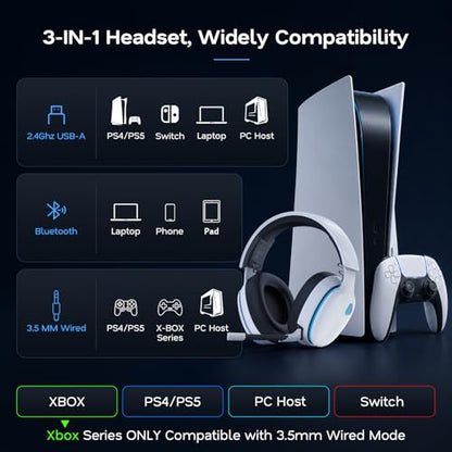 AOC 2.4GHz Wireless Gaming Headset for PS5, PS4 Fortnite & Call of Duty/FPS Gamers, PC, Switch, Bluetooth 6.0 Gaming Headphones with Noise Canceling Mic, 7.1 Virtual Surround, 45Hr Battery -White - color: White