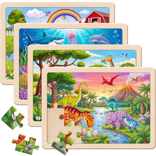 Puzzles for Kids Ages 4-6, 4 x 24 PCs Animals Wooden Puzzles | Animals Puzzles for Toddlers & Kids Ages 3-5, Preschool Educational Puzzles Toys, Birthday Gifts Set for Boys & Girls - color: Dinosaur+forest+marine+farm