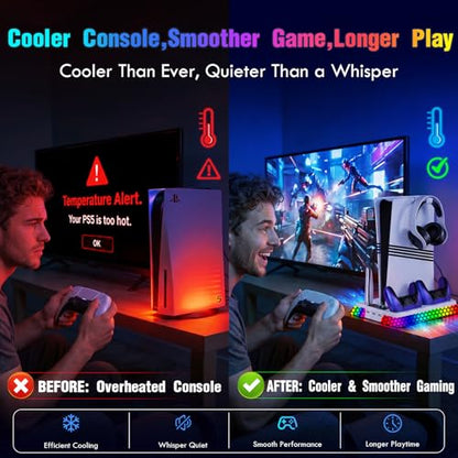 Cooling Station for PS5 Slim Pro,Vertical Stand with Adjustable Fan Charger | Gift for PS5 Long Gaming,3 Level Quiet Fan,Two Controller Charging,10 Colors Dynamic Mode,Headset Hook,USB Hub,Anti-Slip Base - color: White