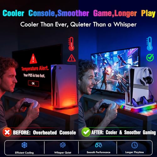 Cooling Station for PS5 Slim Pro,Vertical Stand with Adjustable Fan Charger | Gift for PS5 Long Gaming,3 Level Quiet Fan,Two Controller Charging,10 Colors Dynamic Mode,Headset Hook,USB Hub,Anti-Slip Base - color: White