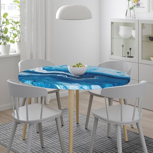 Famame Abstract Blue Marble Fitted Round Tablecloth Waterproof Table Cloth with Elastic Edge Wipe Clean Table Covers for Indoor Outdoor Fits 45"-50", Medium - color: Abstract Blue Marble