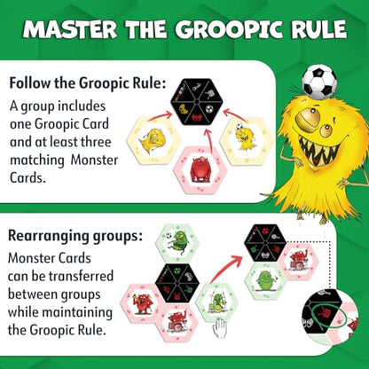 Groopic Monster's Style, Award-winning and Fun Twist on Rummy Game for kids | A fresh, innovative twist: build groups around definition cards. 53 big hexagonal cards, Monster Games for kids, ages 8+.