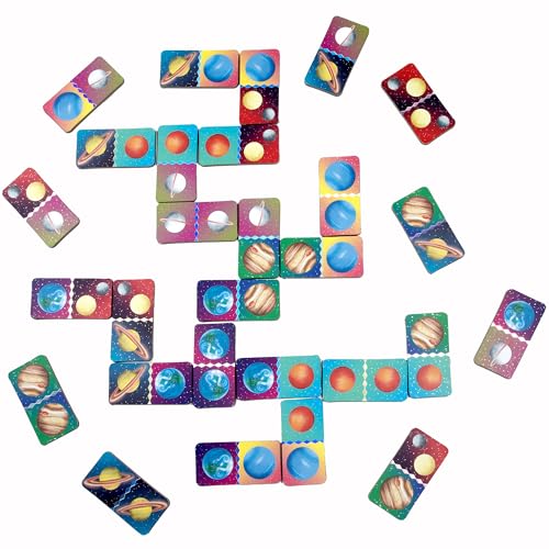 eeBoo Space Mini Dominoes Game - 28 Piece Planet Themed Set, Silver Holographic Foil Tiles, Tile Laying Matching Game, Screen-Free Fun, Kids Ages 3+ - style: Space