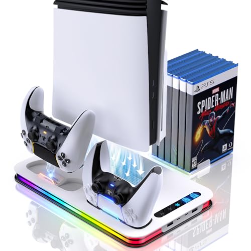 PS5 Cooling Station for PS5/Slim/Pro,PS5 Fan Cooling Fan with 8 RGB Light P5 Cooling Stand with 3 Level Fan Vertical Controller Charger Station with Dual Controller Chargers Dics Storage 4 HUB