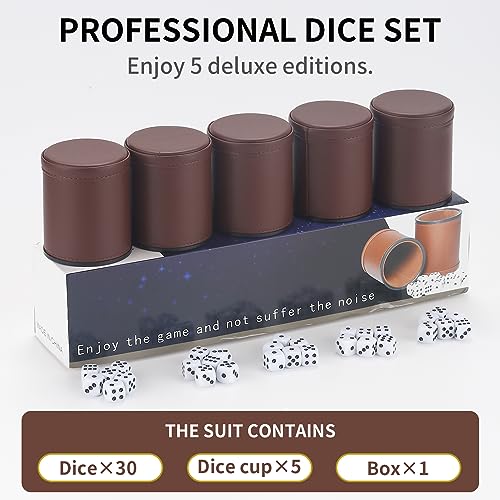 5 Pack PU Leather Dice Cups Velvet Felt-Lined Shaker Cups with 25 Dot Dice for Bar Party Yahtzee Farkle Dice Games, Brown - color: Brown