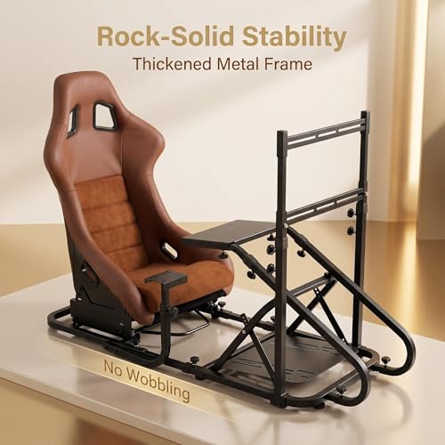 Racing Simulator Cockpit with Monitor Mount and Stronger Fiberglass Brown Mesh Fabric Bucket Seat, Racing Wheel Stand Compatible with Fanatec, Thrustmaster, Logitech, Moza Racing Games on PS5, PS4, Xbox and PC - color: Cockpit+Brown Seat