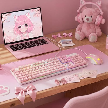 Redragon Updated S107WP Gaming Keyboard and Mouse, RGB Gaming Keyboard and 10000 DPI Mouse Combo with 25-Key Anti-Ghosting, 1K Hz Programmable Mice with Software, Plug & Play to PC, Laptop - Pink - color: Pink