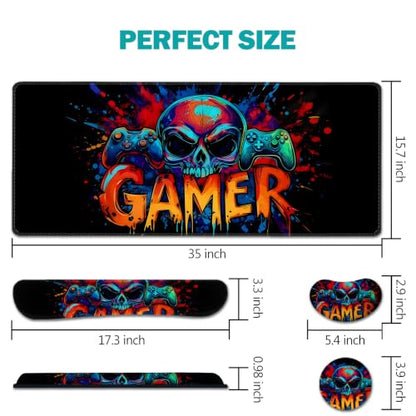 AIMSA Large Gaming Mouse Pad Set, Keyboard Wrist Rest Support + Extended Mouse Pad + Mouse Wrist Cushion + Coaster, Skull Gamer Ergonomic Memory Foam Multifunctional Desk Mat 35x15.7inch - color: Skull Gamer