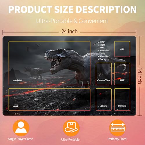 MTG Playmat with Storage Tube & 7-Dice Set - Waterproof TCG Playmat with Stitched Edges, Non-Slip Rubber Card Game Mat (24"x14") (playmat with Zones, Dinosaur) - color: Dinosaur, style: playmat with zones