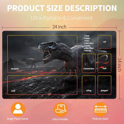 MTG Playmat with Storage Tube & 7-Dice Set - Waterproof TCG Playmat with Stitched Edges, Non-Slip Rubber Card Game Mat (24"x14") (playmat with Zones, Dinosaur) - color: Dinosaur, style: playmat with zones
