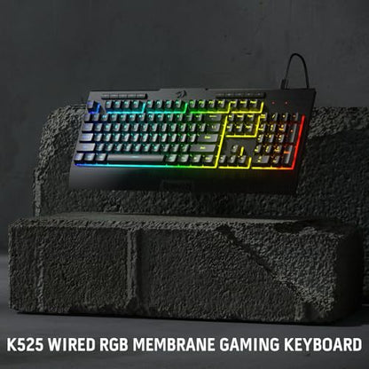 Redragon K525 RGB Backlit 104 Keys Wired Membrane Gaming Keyboard w/ 5 Multimedia Keys & 4 Extra On-Board Macro Keys, Dedicated Media Control, Ergonomic Wrist Rest, Linear Mechanical-Feel Switch - color: Black, size: 104 Keys Lite