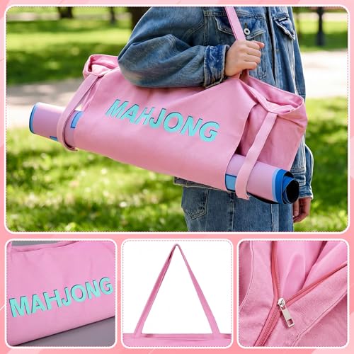 Abbylike 28x9 Inches Mahjong Bag for Rolled Mat Tiles Racks Pushers Accessories Empty Mahjong Tote Bag with Zipper Closure Outer Pockets Lining Large Capacity(Light Pink,Canvas) - color: Light Pink