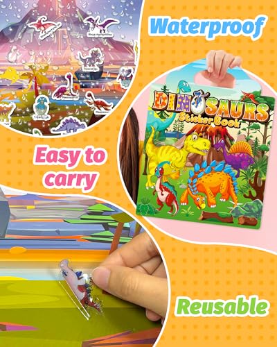 Walenced Reusable Sticker Book for Toddlers, Travel Stickers for Kids, Toddler Craft Activities Toys, Birthday Gifts for Boys & Girls - style: Dinosaur