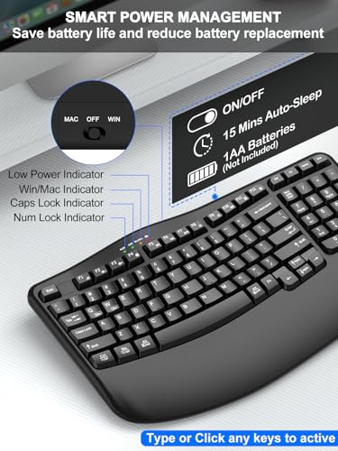 EDJO Wireless Ergonomic Keyboard with Wrist Rest, Wave Keys | Comfortable Natural Typing, Multimedia Hotkeys,2.4GHz,For Large Hands,Windows, Mac, Laptop, PC