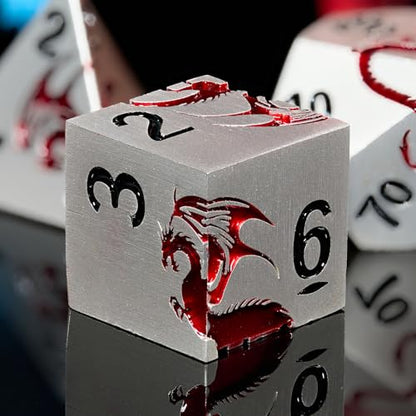 Matte Silver Red Dragon Metal Dice Set,7 PCS Heavy Zinc Alloy DND Dice with Magnetic Gift Box for Tabletop RPG & D&D Games (Silver Red Dragon) - color: Matte Silver With Red