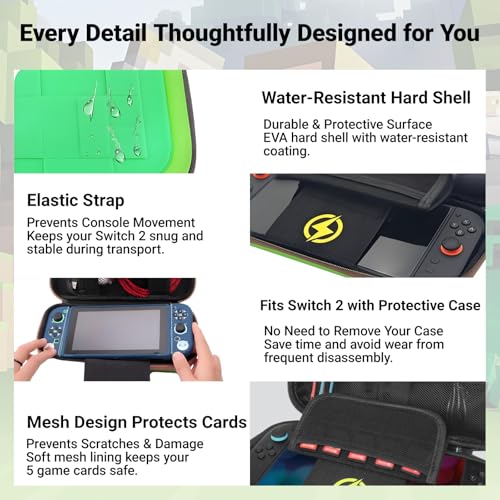 QUBAMG Switch 2 Carrying Case, Hard Shell Protective Carry Travel Case Compatible with Nintendo Switch 2 (2025) Pouch with Built-in Stand 5 Games Cartridges for Console & Accessories Green Pixel - color: Switch 2 Green