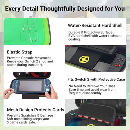 QUBAMG Switch 2 Carrying Case, Hard Shell Protective Carry Travel Case Compatible with Nintendo Switch 2 (2025) Pouch with Built-in Stand 5 Games Cartridges for Console & Accessories Green Pixel - color: Switch 2 Green