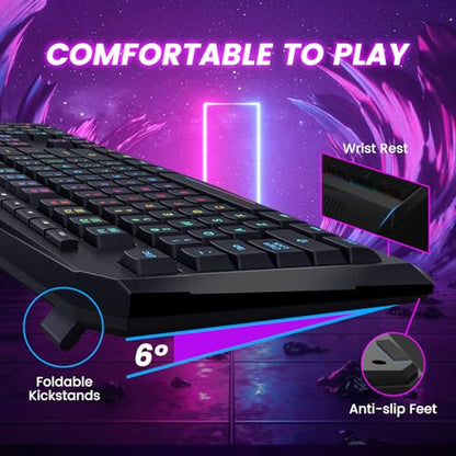 Wireless Keyboard, Rechargeable RGB Backlit Wireless Gaming Keyboard with Wrist Rest, Silent Keys, Multimedia Keys, Anti-ghosting, Full-Size Waterproof Light Up Keyboard for PC Mac Xbox Gamer - color: Carbon Black