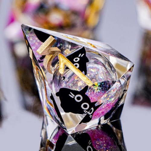 DND Cat Dice Set Pink Sharp Edge Dice with Box, RPG D and D Dice Dungeons Dragons Role Playing Game Polyhedral Resin Dice Set D20 D12 D10 D8 D6 D4 - color: Pink Gold