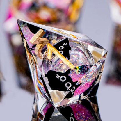 DND Cat Dice Set Pink Sharp Edge Dice with Box, RPG D and D Dice Dungeons Dragons Role Playing Game Polyhedral Resin Dice Set D20 D12 D10 D8 D6 D4 - color: Pink Gold