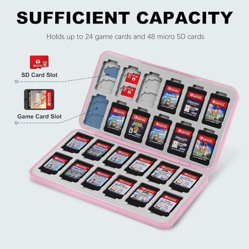 FYY Nintendo Switch Game Case Holder for Switch 2 Cartridge, Pink | 24 Game Card Slots & 48 Micro SD Card Slots, Hard Shell, Silicone Lining - color: B-Pink