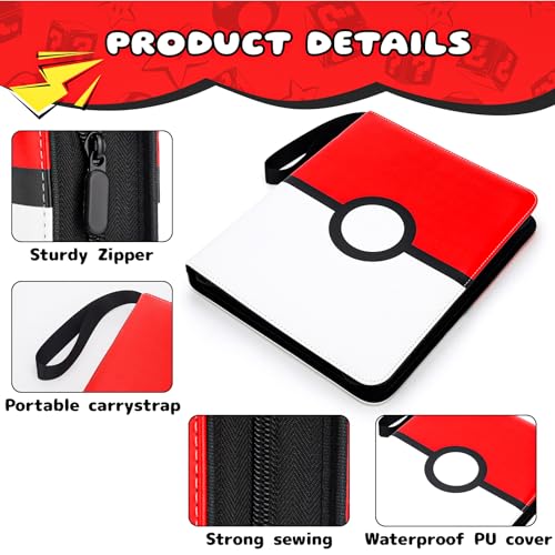 Card Binder 9 Pocket, 900 Pockets Extra Large Trading Card Binder with Zipper, PU Leather Waterproof Card Album Holder, 3-Ring Collectible Card Book for TCG, MTG, Game Cards，Red & White