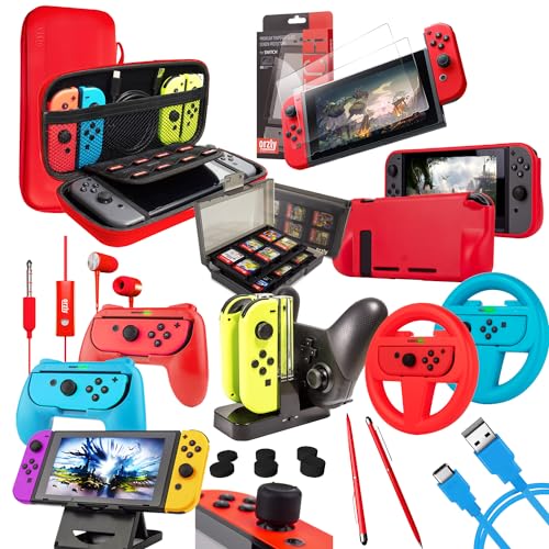 Orzly Accessories Bundle Compatible with Nintendo Switch & OLED Case & Screen Protector, Joycon Grips & Racing Wheels, Controller Charge Dock, Comfort Grip Case & More - Geek Pack ColorPop - color: Multicolor, size: 6.2 inch Switch 1