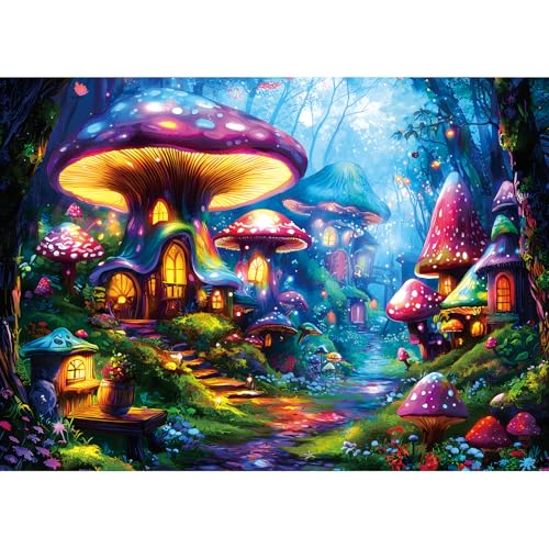 Puzzles for Adults 1000 Pieces Mushroom Village Jigsaw Puzzles | Forest Fantasy Night Puzzles with Letter for Challenging Game Adults Seniors Home Decor Great Gift, Dust Free, 27.5 x 19.7 In - color: Purple - Mushroom Village