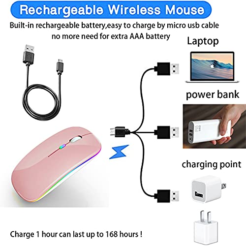 PEIBO Wireless Bluetooth Mouse, 7-Color LED, Built-in Battery, Ergonomic Design, Compatible with iPad, MacBook, Windows Laptops - Rose Gold - color: Rose gold white