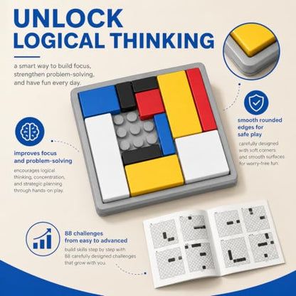 Logic Puzzle Brain Teaser Game for Kids and Adults, 88 Challenges with 4 Difficulty Levels, Portable Brain Training Logic Puzzle Game for Thinking Fun and Travel, Learning