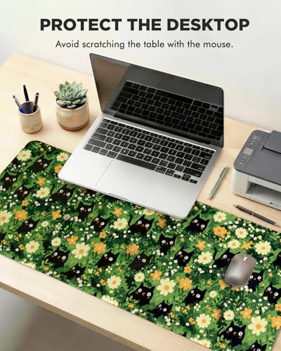 Mouse Pad, Desk Mat, 31.5x11.8in Large Mousepad | Desk Pad with Stitched Edge & Rubber Non-Slip Bottom, Gaming Mouse Pad, Mousepad for Home, Office, Grassland Black Cat - color: Grassland Black Cat