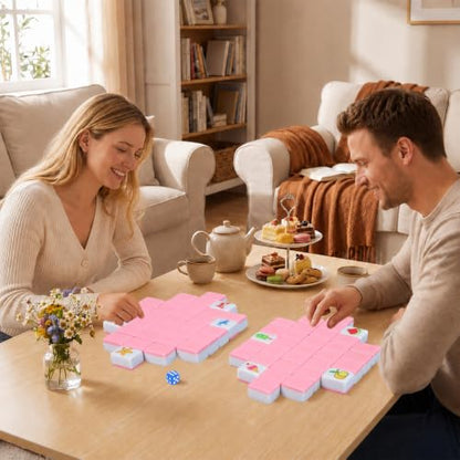 2 Player Mahjong Block Set, 66 Pink Tiles, 1.18 Inch Ocean and Food Theme Travel Mahjong Set with Storage Bag for Beach Trips, Summer Parties and Family Game Night Gifts